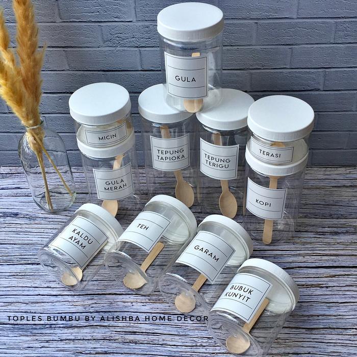 Toples Bumbu Dapur Tutup Putih (Plastik) 11 Pcs Paketan Model Minimalis Kitchenware Kayu