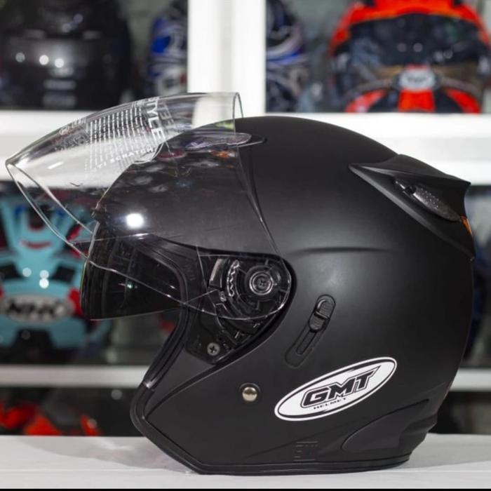 NEW GMT Helm Half Face Double Visor GMT Black Doff Original Helm Motor SNI Kaca Dalam & Luar