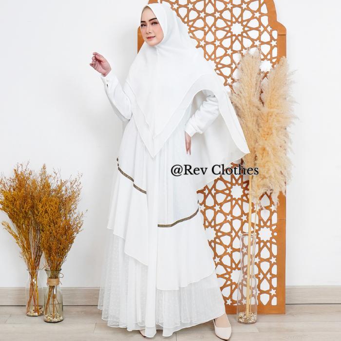 Gamis Syari Rev Set Khimar Motif List Emas Busana Haji dan Umroh Wanita Muslim Dewasa Putih Bahan