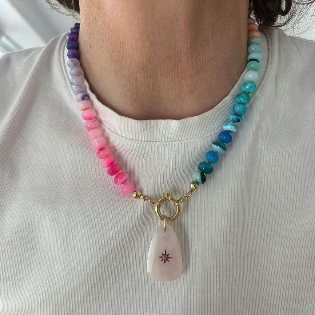 Women Chunky Gemstone Rainbow Boho Bead Choker Natural Stone Surfer Beach Necklaces 14K Gold Plated