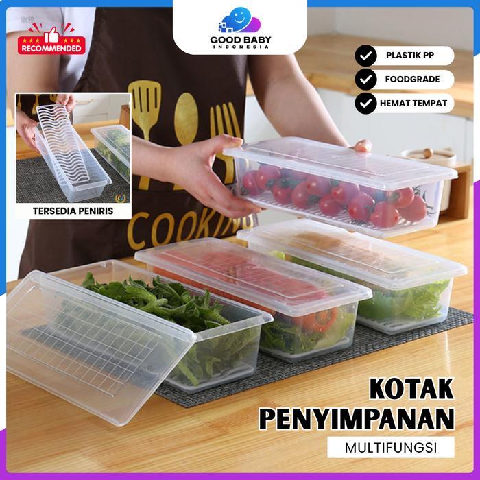 Goodbaby Tempat Penyimpanan Makanan Kulkas Transparan Rak Saringan Anti Air Wadah Buah Sayur Daging
