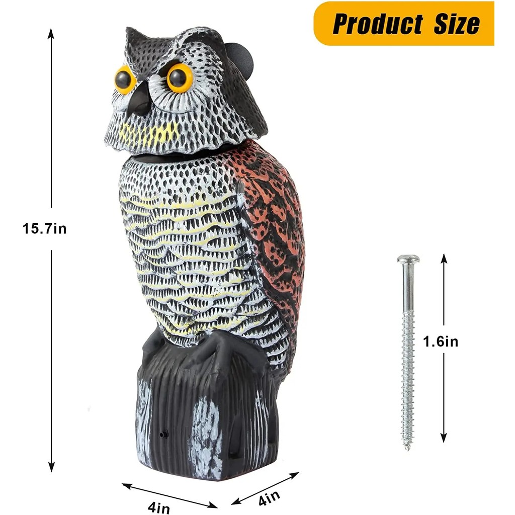 Fake Owl Decoy Plastic Owl Scarecrow Sculpture with Rotating Head and Sound for Garden Yard Bird