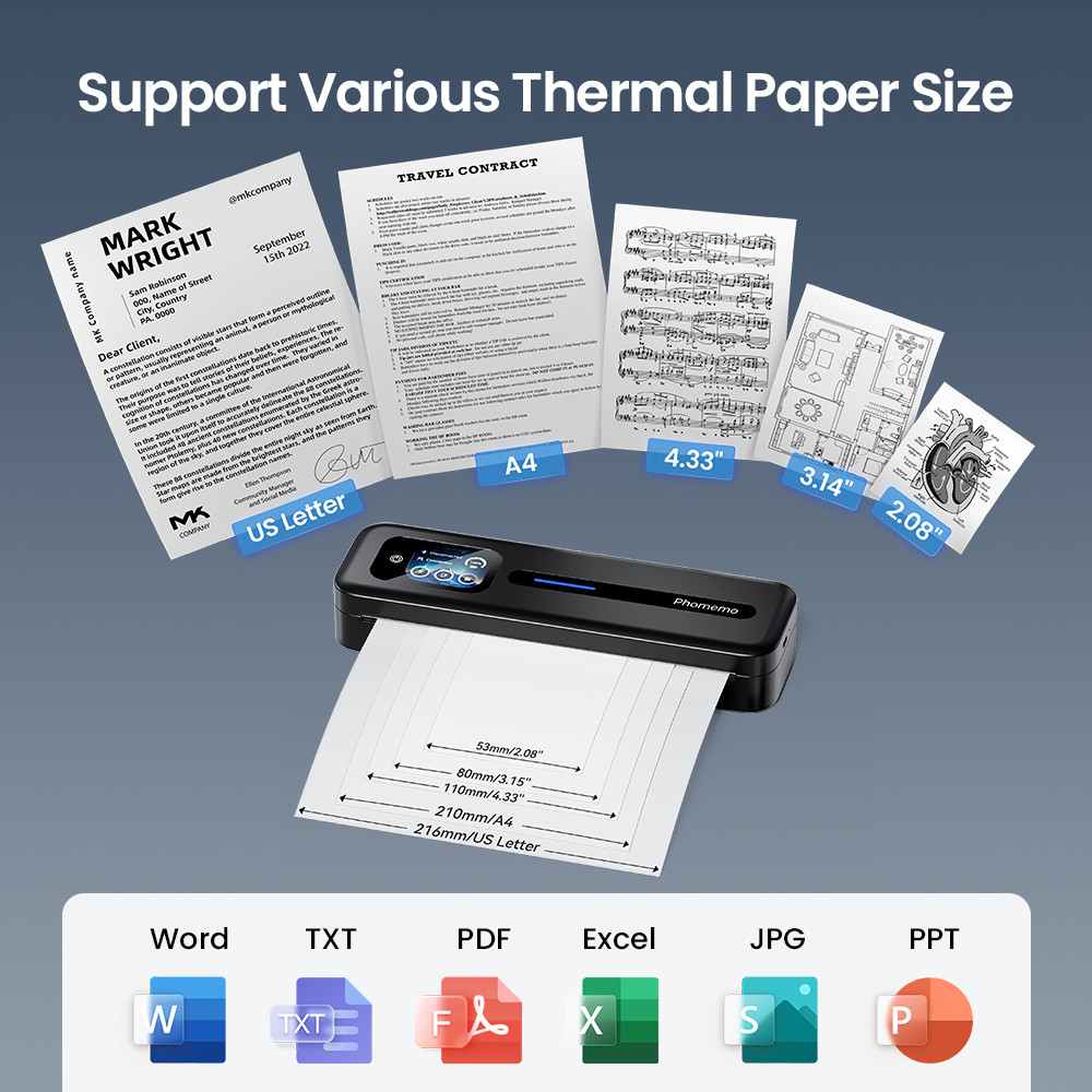 M832D Touchscreen A4 Printer Phomemo Portable A4 Printer, Bluetooth Wireless A4 Maker Thermal
