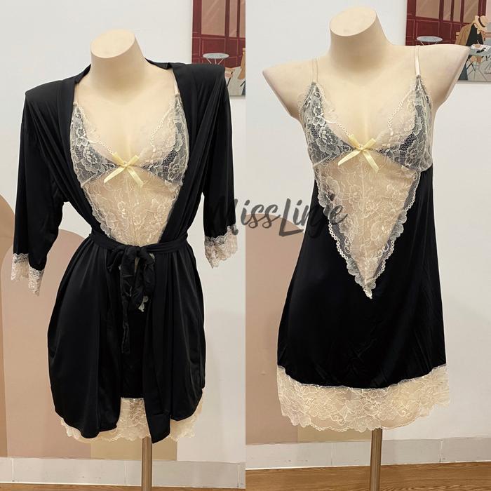 Setelan Lingeri Baju Tidur Set Kimono dan Dress Renda Ice Silk - Hitam