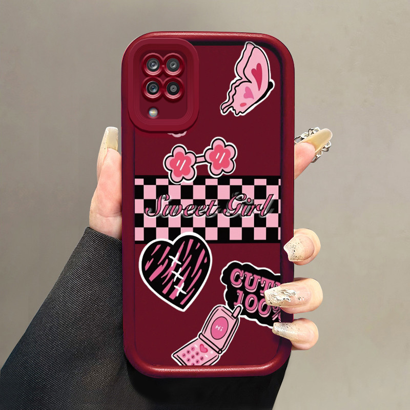 Casing Hp untuk Samsung Galaxy A12 4G A12 5G M12 F12 Case Pink plaid sticker Kasing silikon Bingkai 