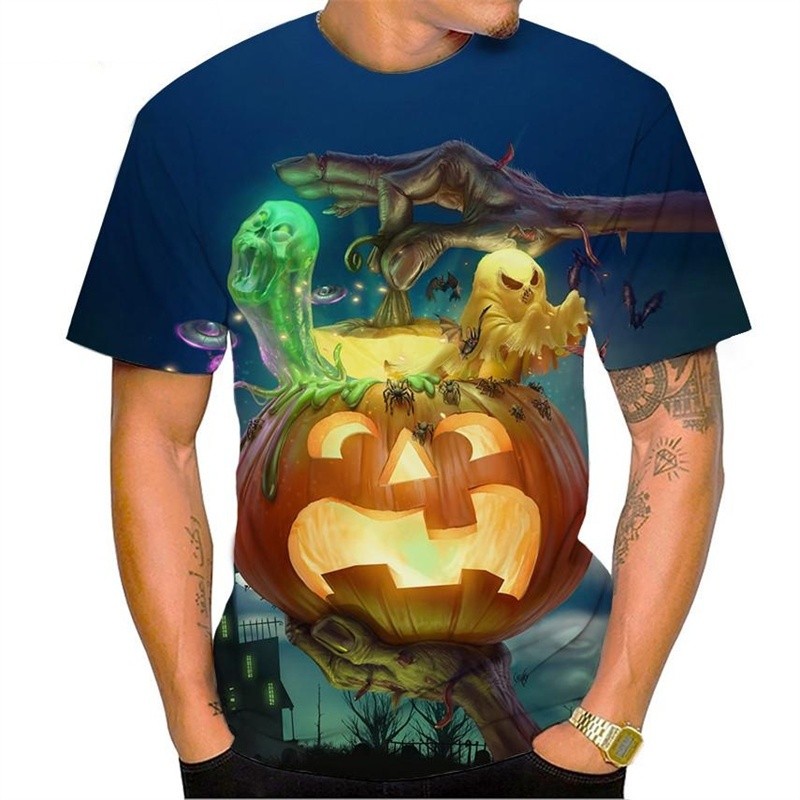 Kaus Halloween Labu Cetak 3D untuk Pria Kaus Pola Hantu Kerangka Atasan Lengan Pendek Leher-O Kasual