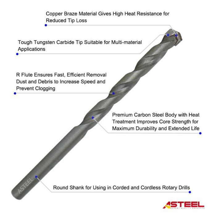 TERLARIS Mata Bor Beton Set 6pcs Asteel -Mata Bor Beton Cemented Carbide - Mata Bor Tembok Beton Set