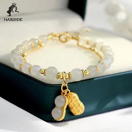 Gelang yang beruntung Giok Asli Batu Kacang Titanium Gelang Giok Kacang Wanita Berlapis Emas Anti