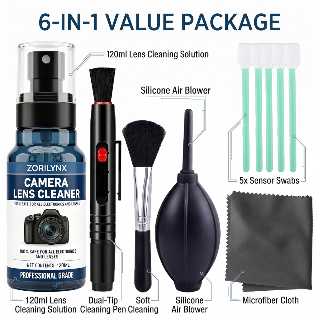 ZORILYNX Camera Cleaning Kit 120ml Solution with Air Blower, Lens Pen, Brush, Cloth and Sensor Sbs