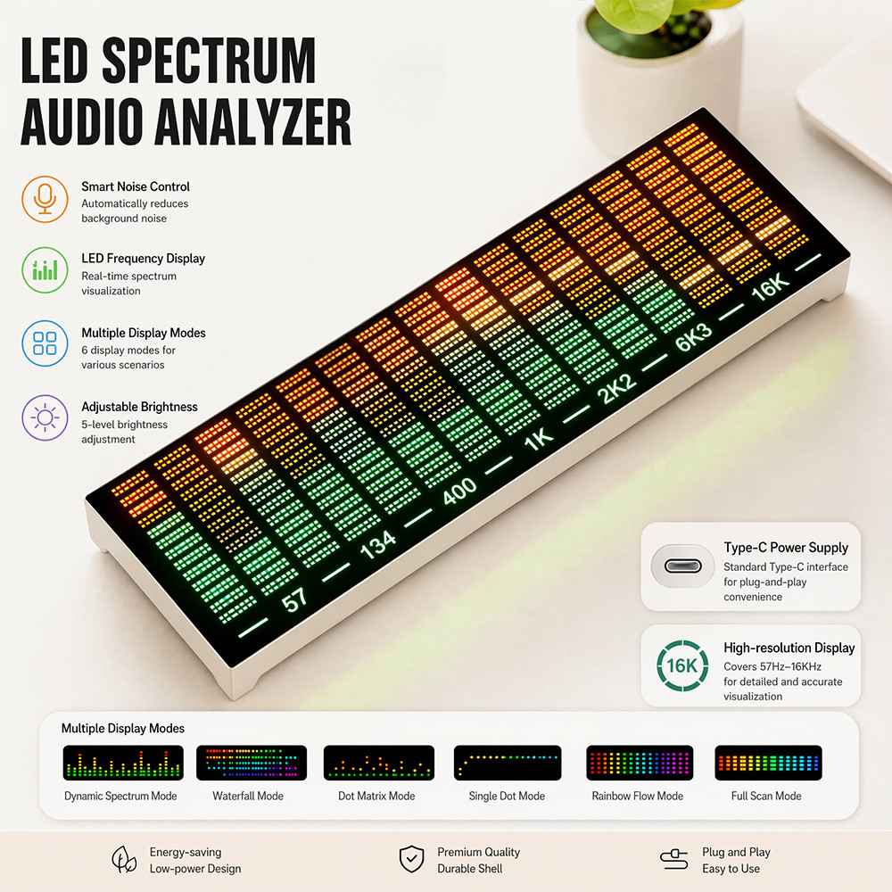 MULTI-MODE VOICE CONTROL MUSIC SPECTRUM LED PICKUP RHYTHM ANALYZER LIGHT DISPLAY AUDIO LEVEL