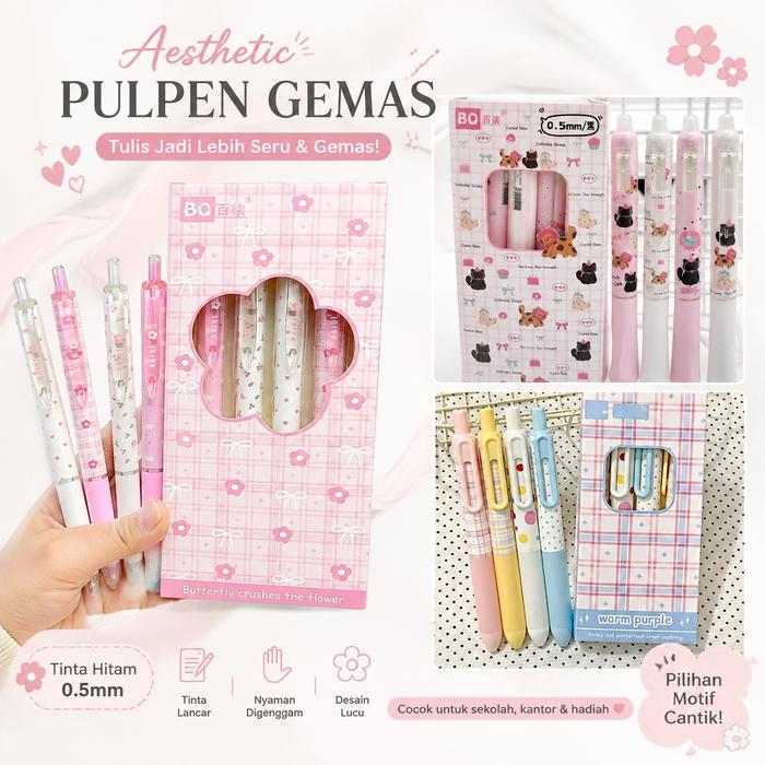 Set Pulpen Gel Lucu Rectractable Pen Pena Tekan Ballpoint Bolpen Lucu Heart Kawaii Aesthetic Tinta