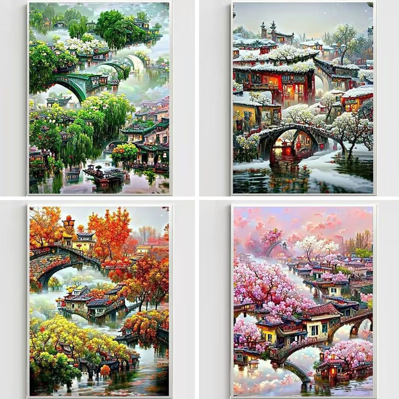 Four Seasons Scenery DIY Cross Stitch 11CT Embroidery Kits Needlework Craft Set Cotton Thread Printe