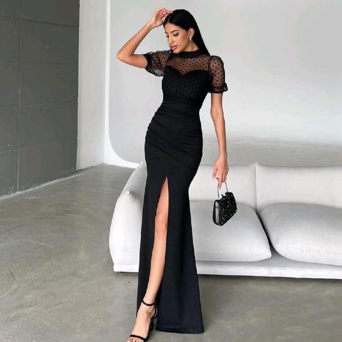 LooWear Long Dress Pesta Bodycon Duyung Lengan Pendek Tile Polkadot Premium Koleksi Butik