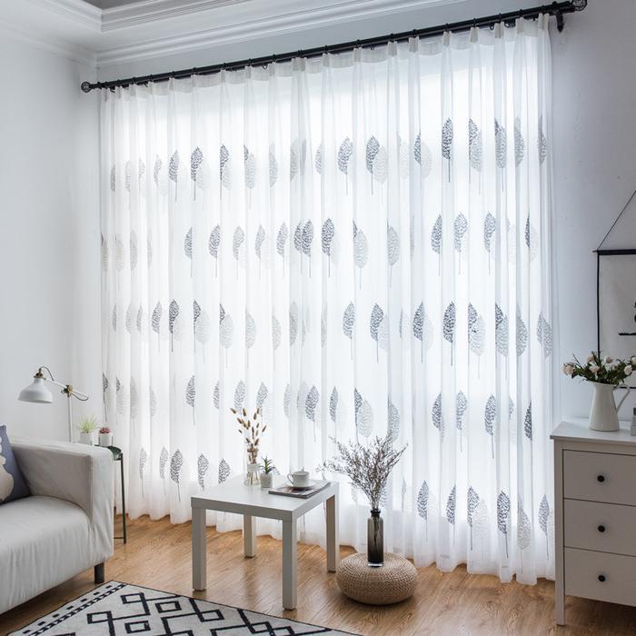 Vitrase Putih Abu Motif Daun & Renda Tirai Jendela Minimalis