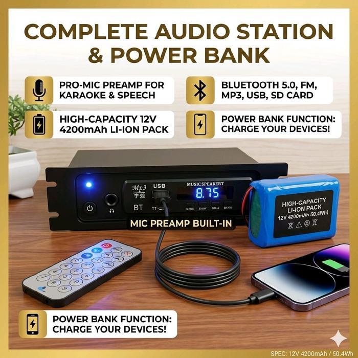 Paket SIGITECH Modul MP3 Bluetooth dengan Preamp Mic & Baterai 12V 4200mAh untuk Karaoke dan Speech