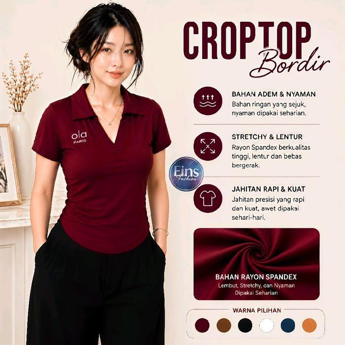 TERUJI Kaos Crop Top Kerah V Lengan Pendek - Baju Atasan Wanita Terbaru - Kaos Crop Bordir A4LO Oval