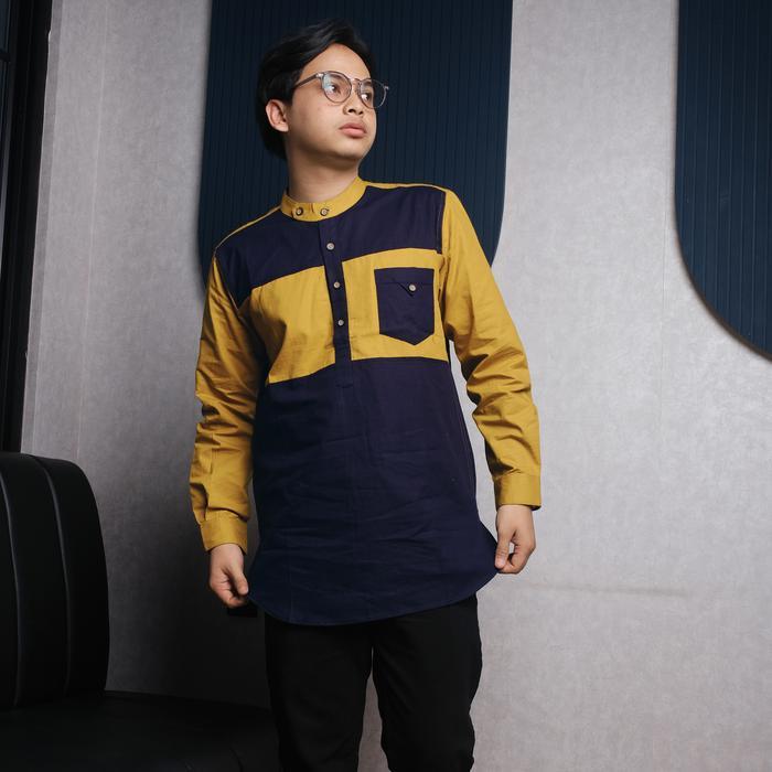 DGM Koko Pria Baju Koko Pria Lengan Panjang Kombinasi Katun Navy Mustard Kemeja Koko Ukuran M Pria L