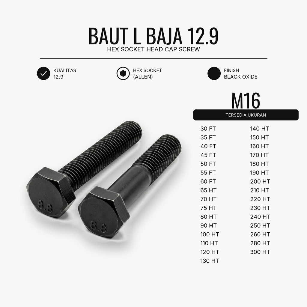 12.9 Baut L Baja M16X190 / 16X190 / M16 X 190 / 16 X 190 HT - Black Hex Socket Head Cap Screw
