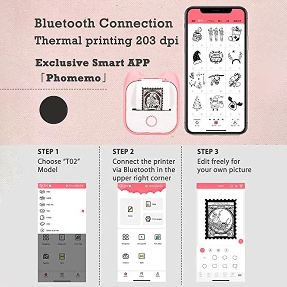 Mini Pocket Printer Portable Bluetooth-Compatible Thermal Printer Inkless Sticker Printer