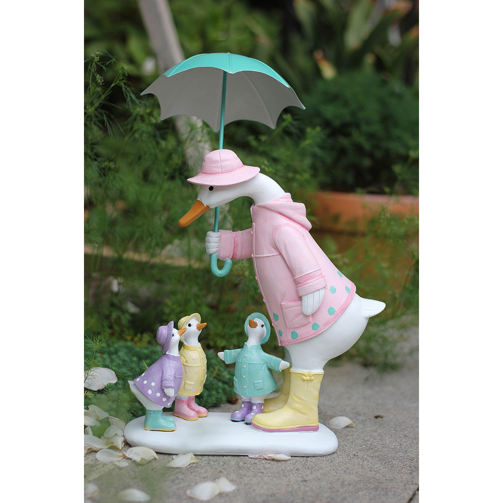 Umbrella Duck Family White Goose Animal Sculpture, Resin Crafts Miniatures Figurine, Pastoral Cute G