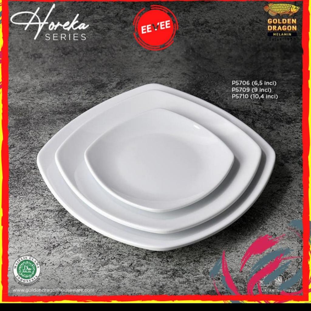 P5706 Piring Hitam Putih Segi Kotak Melamin Glossy Mengkilap Awet MurahTebal Tahan Panas Anti Pecah 