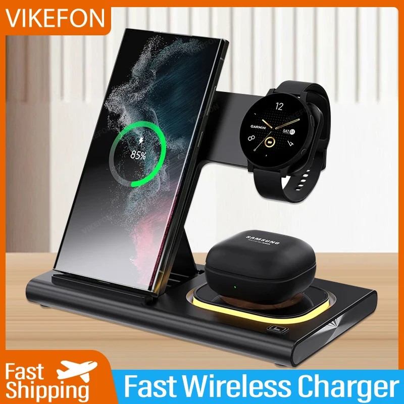 3 in 1 LED Foldable Wireless Charger Stand For Samsung S24 S23 S22 Watch 6 5 4 Active 1 2 Galaxy