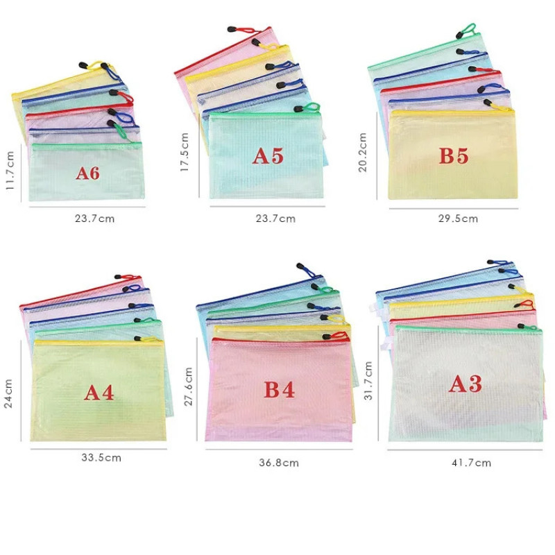 3/6pcs Stationery Storage Folder File Mesh Zipper Pouch A4 A5 A6 B5 Document Bag Zip File Folder