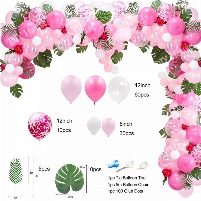 Flash Sale [Paket] Balon Garland Arch Dekorasi Tema Tropis Ultah Pink + Monstera Buah Latex Original