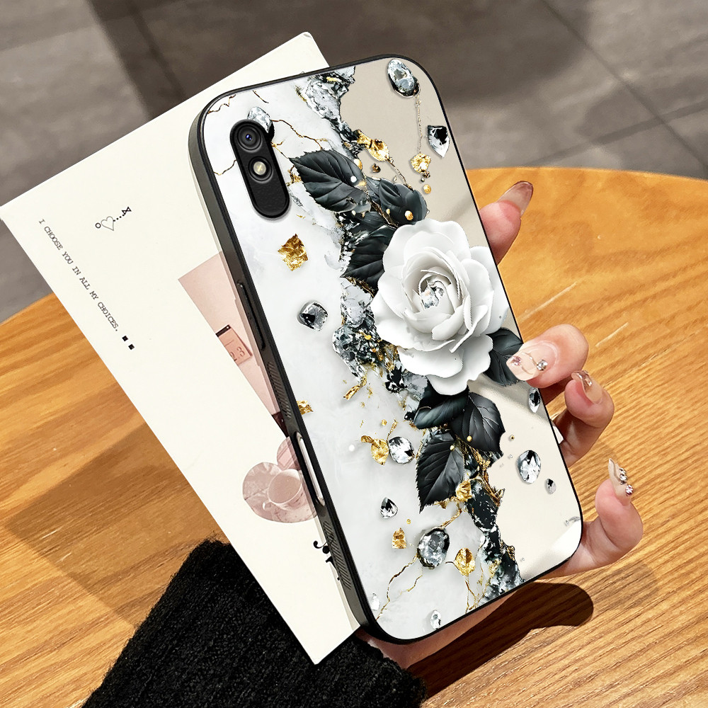 Casing Hp Untuk Xiaomi Redmi 9A Luxury White Rose Phone Case Black Gold Flower Decor Mirror Surface 