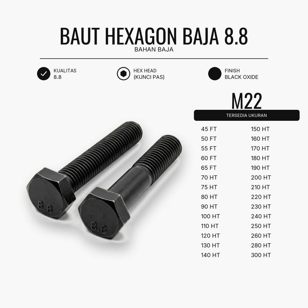 Baja 8.8 Baut M22X120 / Baut 22X120 / M22 X 120 / 22 X 120  Grade 8.8 HTB - High Tensile Bolt Half D