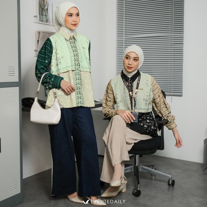 Ventedaily Kania Tunik Wanita Motif Etnik Premium Atasan Muslim Lengan Panjang Elegan Tunik Jumbo