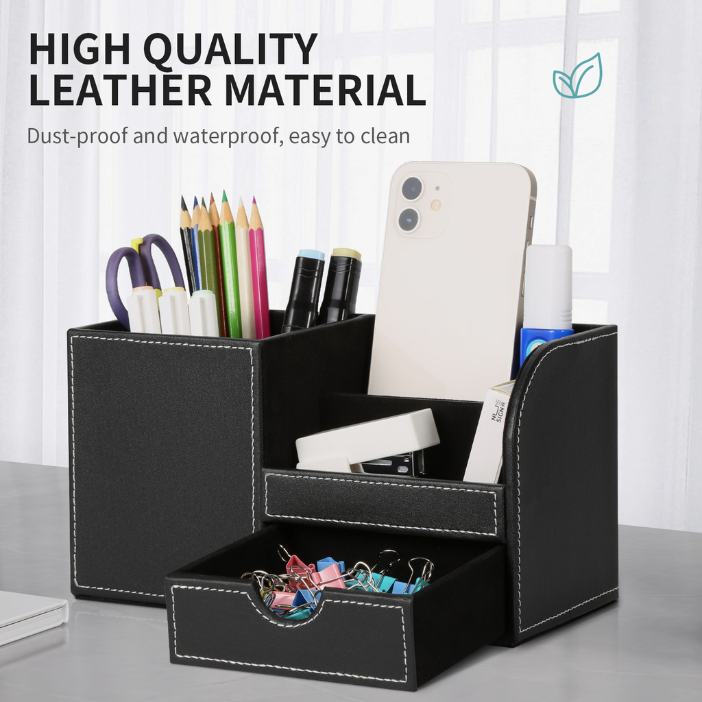 High Quality PU Leather Pen Pencil Holder Office Desk Stationery Organizer with A Storage Drawer