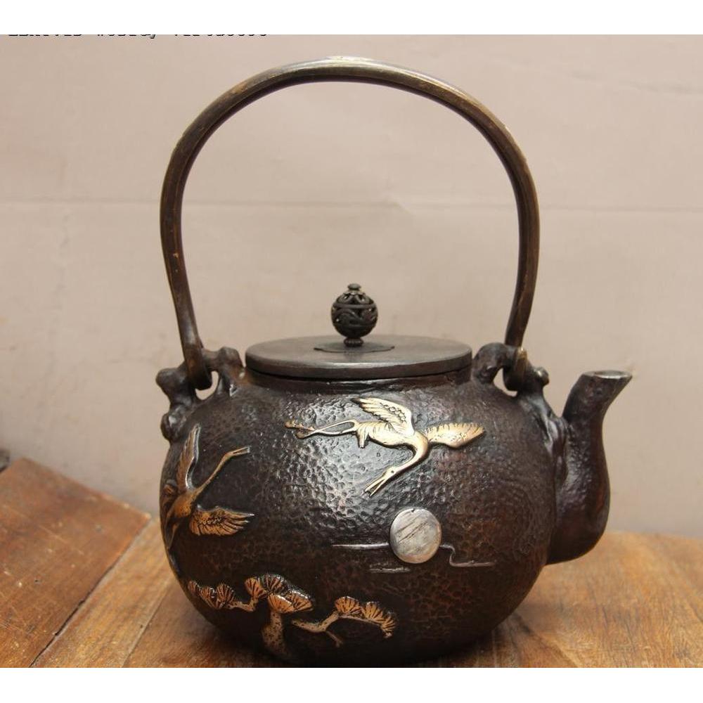 Jepan Iron Silver Gilt Pine Tree Red-crowned Crane Water Bottle TeaPot Teakettle