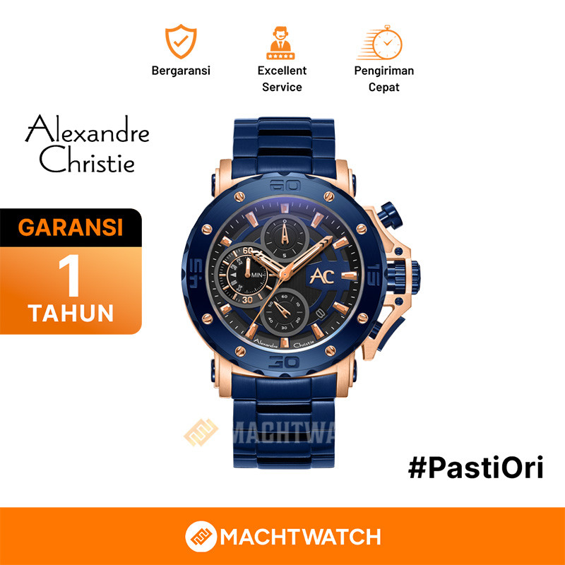 Jam Tangan Pria Alexandre Christie Chronograph AC 9205 MC BURBU Blue Dial Blue Stainless Steel Strap
