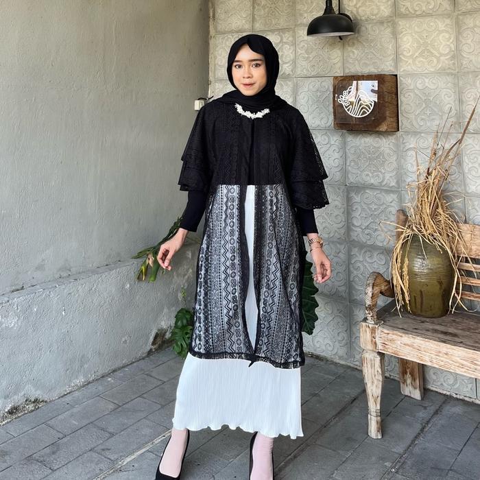 Mallika Outer Brukat Lengan Ruffle Kondangan Muslim Wanita Cardigan Dress Panjang Hitam Kardigan