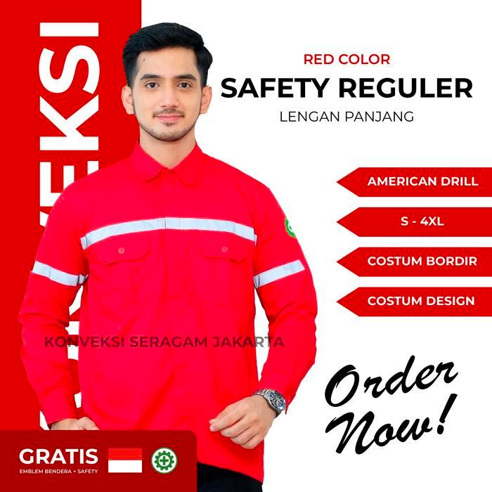 SAFETY BAJU KEMEJA SERAGAM KERJA WEARPACK WERPAK PROYEK SAFETY MERAH BORDIR