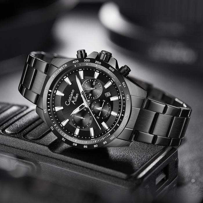 TERMURAH Cristiano Aillen JamTangan Pria Analog 8891 Rantai Stainless Steel Chronograph Kaca