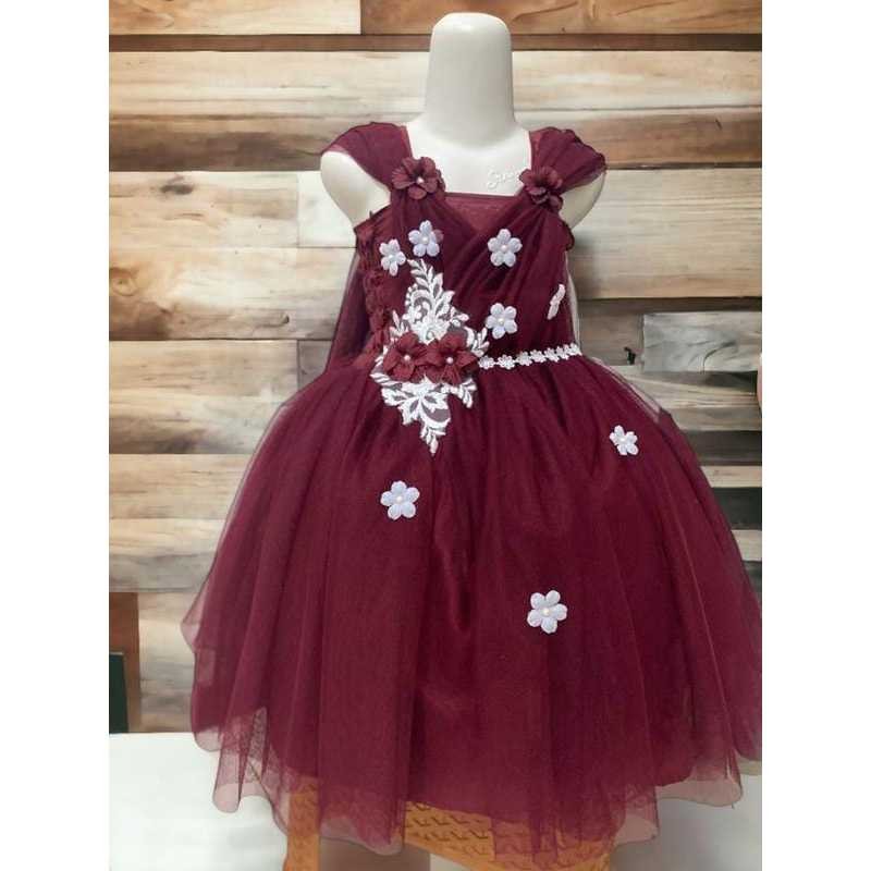 Dress Anak Perempuan Korea Loly 5 15 Tahun Trendy  Dress Tutu Mist Maroon Bunga Putih + Selendang | 