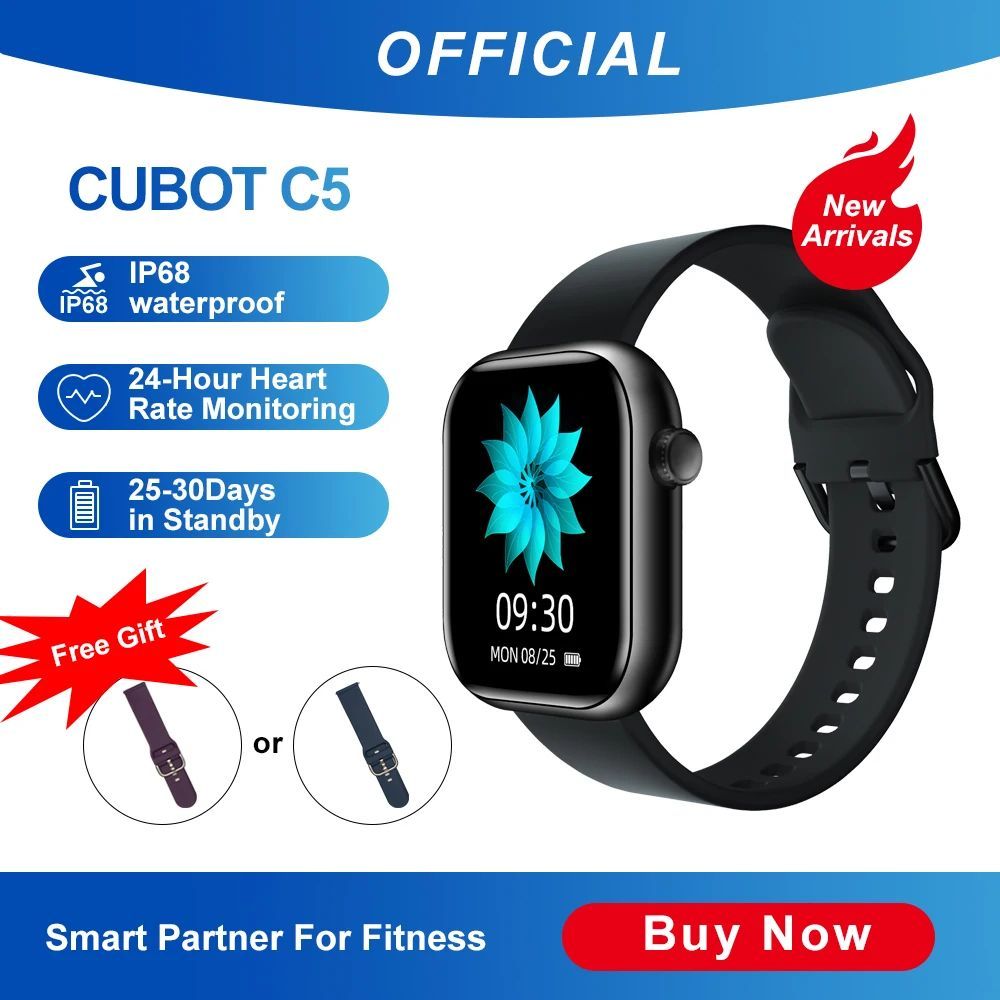 Cubot C5 5ATM Waterproof SmartWatch Heart Rate Calorie Monitor Touch Fitness Tracker Sport Smart Wat