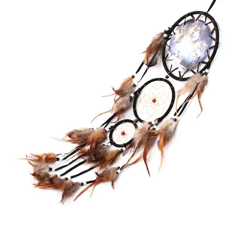 Wolf Dream Catcher with Brown Feathers Dream net catcher Bead Home Hanging Wind Chimes Decoration Fa