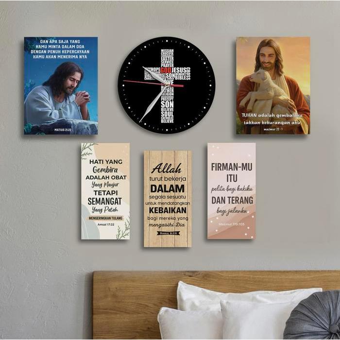 Hiasan dinding kayu + 5 pcs Hiasan dinding Yesus Kristen ayat alkitab Siap Kirim