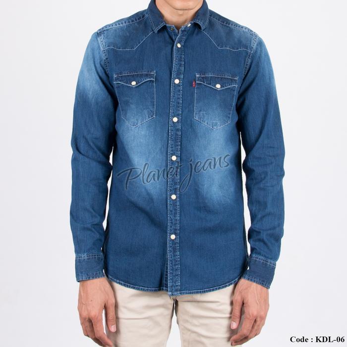 jeans denim chambray Kemeja Pria Denim Chambray Slim Fit Lengan Panjang Biru Cuci - Ukuran XL chambr
