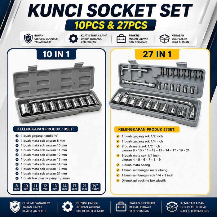 NEW KUNCI SOCKET WRENCH-Kunci Socket 10 pcs dan 27 Pcs Mata Kunci Socket Set 10 Pcs