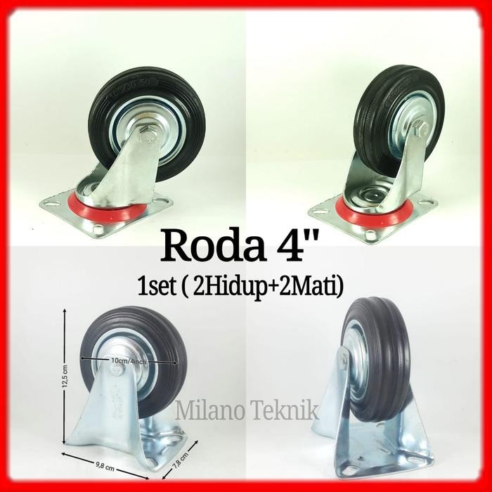 Roda Troli 4 inchi 1set(2Hidup+2 Mati) Roda Karet/Etalase/Gerobak/Trolley 4inchi