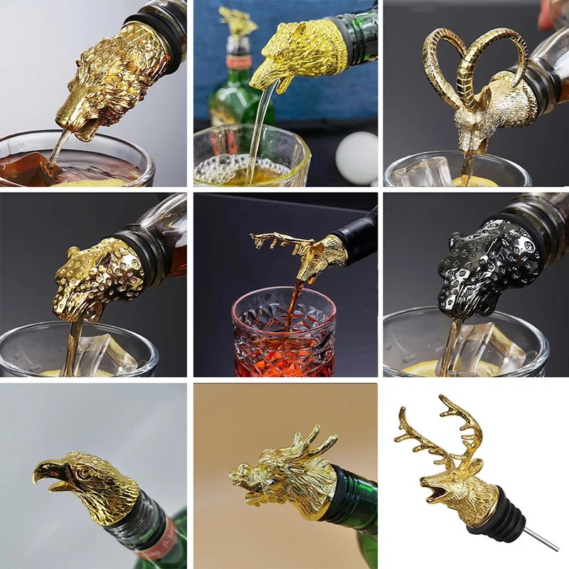 1Pc Animal Head Pourer Zinc Alloy Deer Elk Lion Leopard Wolf Eagle Pour Spout Stopper Club Bar