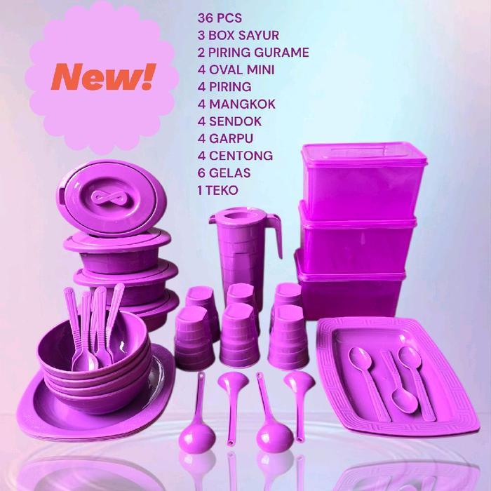 Baru Hemat 36 Pcs , 3 Box Sayur, 2 Piring Gurame, 4 Oval Mini , 4 Piring , 4 Mangkok, 4 Garpu ,4