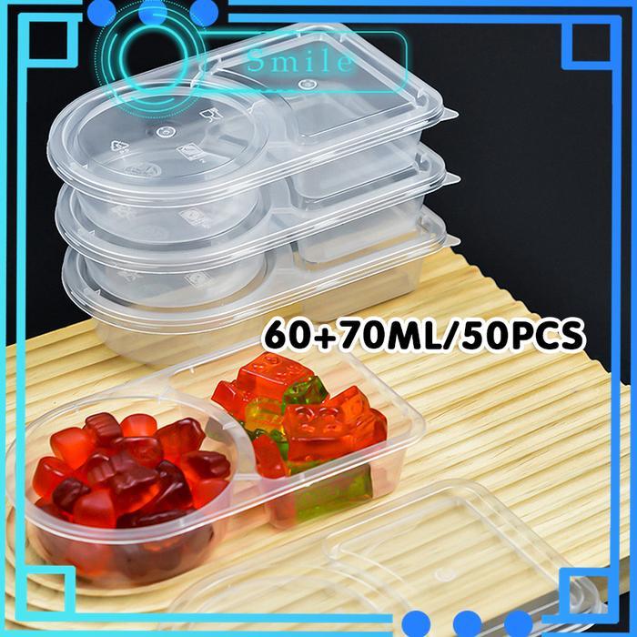 READY 50PCS Cup Sauce 60+70ML Double Grid Dipping Box dah Plastik Kecil Portabel Thinll Buah Potong