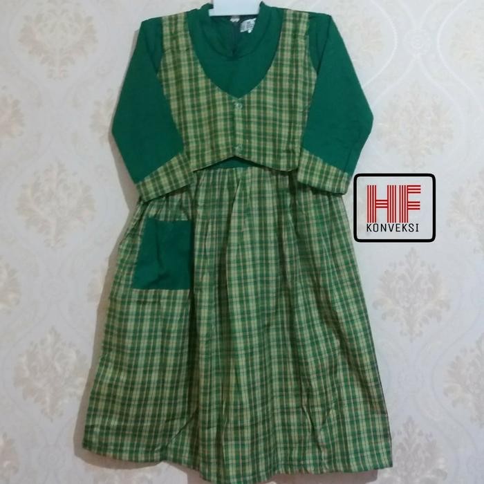 hm4x Baju Muslim Gamis Tk Paud Rompi Kotak Hijau