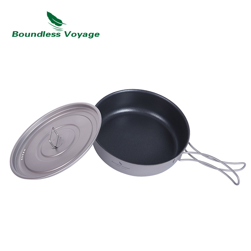 Boundless Voyage Titanium Camping Frying Pan Nonstick Skillet Dish Cookware Griddle with Lid & Foldi