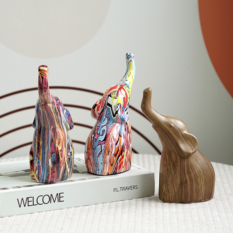 SAAKAR Resin Mini Elephant Figuriens Abstract Art Graffiti Animal Crafts Decoration Home Living Room